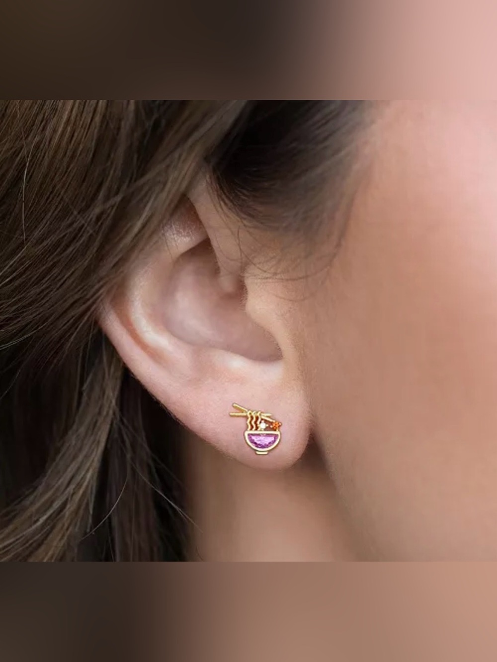Girls Crew Gold Ramen Bowl Stud Earrings with Pink Accent